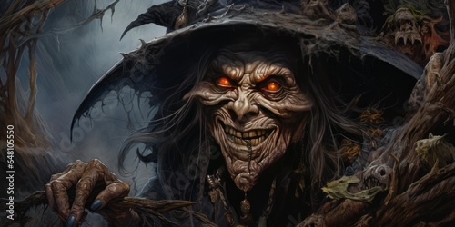 a whimsical scary witch with a smirk and rotten teeth, generative AI
