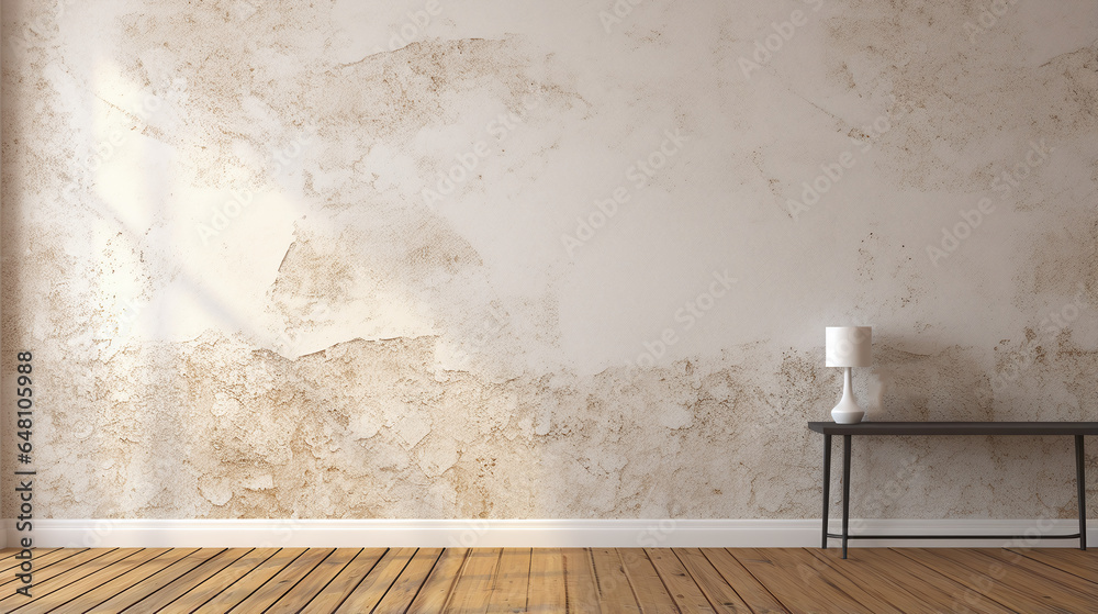 Dimpled and pitted plaster wall with a lamp on a table - obrazy, fototapety, plakaty 