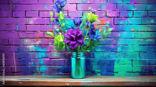Neon colorful brush strokes on aged purple brick wall with a colorful flowern in glass photo