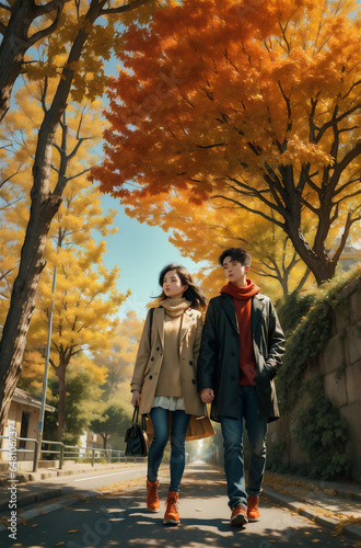 Stylish young couple outdoors on a beautiful autumn day in the forest. Young couple in love holding hands and walking through a park on a autumn day.