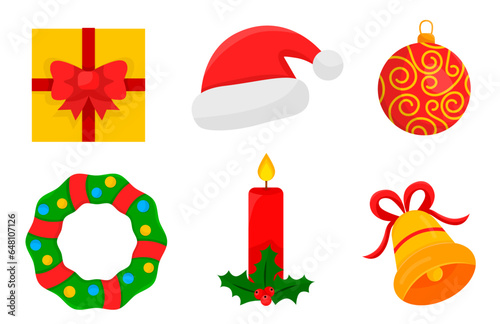 Set of Christmas items. A gift, a Christmas tree toy, a bell, a festive candle and a merry bell. Vector illustration