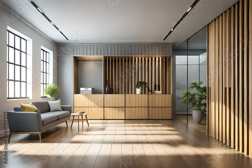 Modern empty room with gray slat wall and built-in wooden cabinet. 3d rendering  3D render 