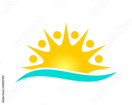 Sun and healthy people combination on the blue wave vector logo
