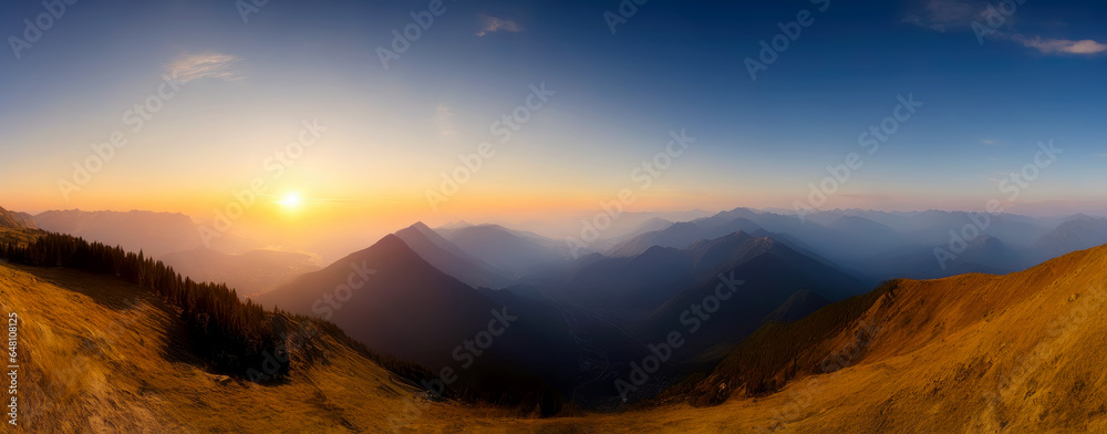 Mountain Sunset Wonderland, Panoramic View, AI Generated