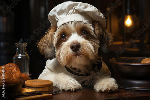 A cute dog wearing a chefs hat