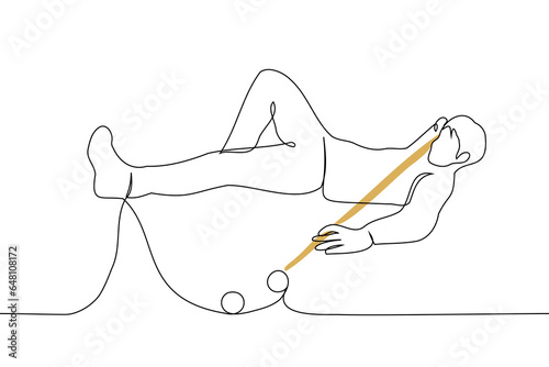 man plays billiards while lying on a billiard table - one line art vector. concept break the rules, arrogant player, cheating