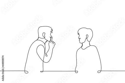 man pressed his finger to his mouth and shows it to another - one line art vector. concept to silence, ask to be quiet or shut up