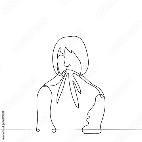 woman took the neck of her T-shirt in mouth - one line art vector. concept idleness, depression, nervousness and eating inedible things or a metaphor for eating yourself