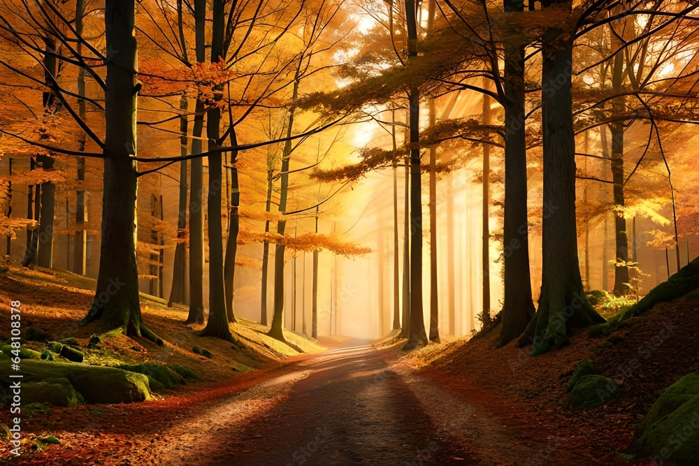 Autumn forest nature. Vivid morning in colorful forest with sun rays through branches of trees. Scenery of nature with sunlight  3D render