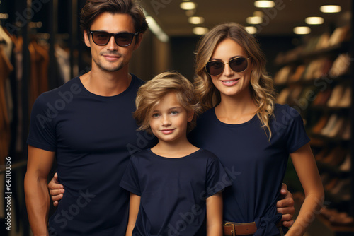 dad and mam and two kids wearing blank navy blue tshirt photo