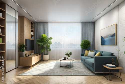 Modern empty room with gray slat wall and built-in wooden cabinet. 3d rendering  3D render 