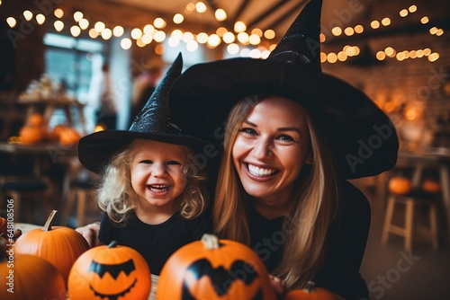 Happy family preparing for Halloween! Young mom and her kid in carnival costumes celebrate the holidays.