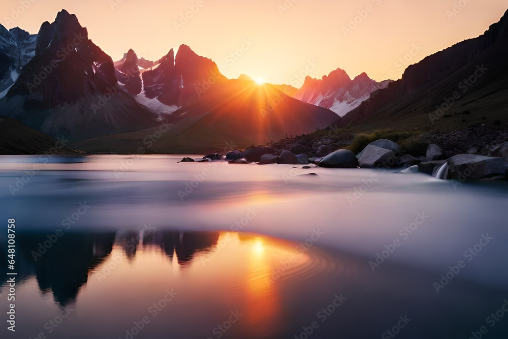 Mountains during sunset. Beautiful natural landscape in the summer time 3D render