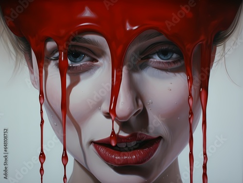 A painting of an artist with on her face, dark red, melting, ultra realistic, kimoicore