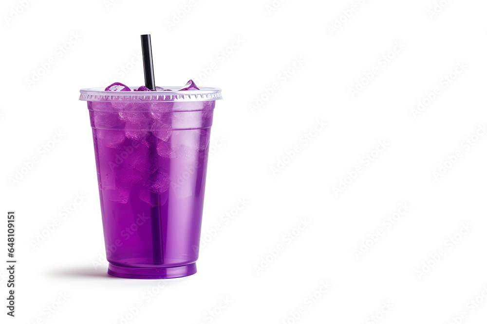Purple drink in a plastic cup isolated on a white background. Take away drinks concept with copy space Purple drink in a plastic cup isolated on a white background. Take away drinks concept with copy space