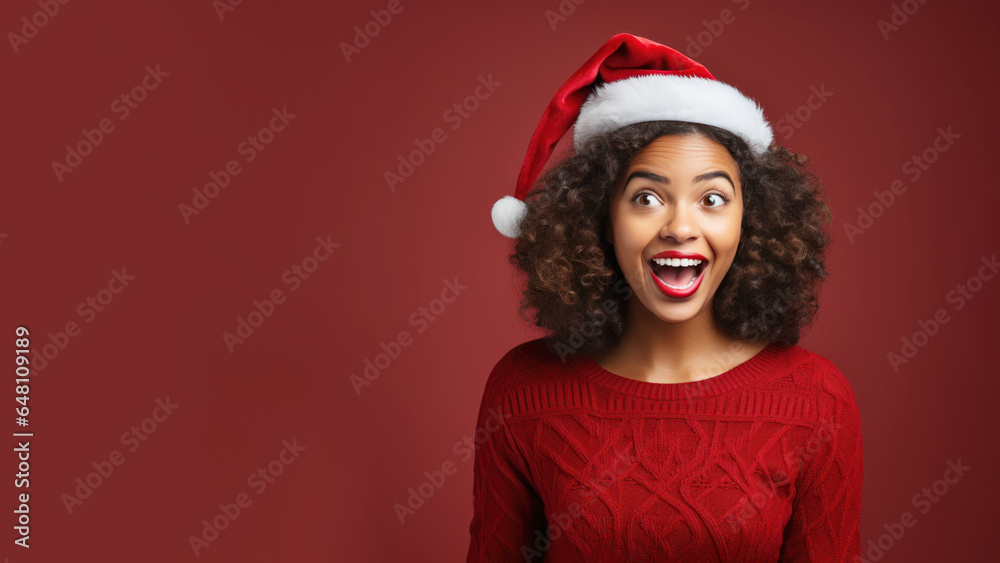 African woman surprise face in santa claus red hat, Christmas sale gift African woman surprise face in santa claus red hat, Christmas sale gift