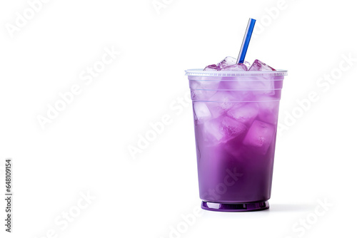 Purple drink in a plastic cup isolated on a white background. Take away drinks concept with copy space