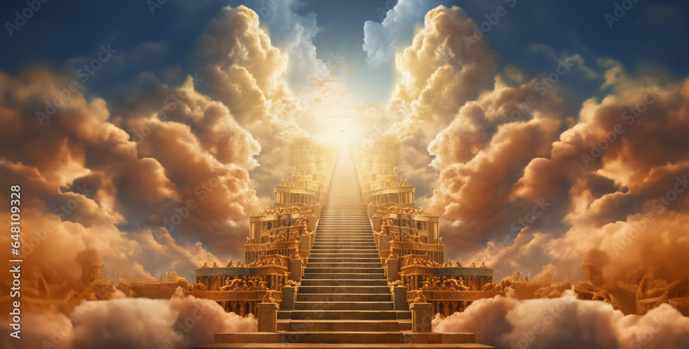 golden buddha statue, cloud stairway to heaven heavenly gates of saint peter hd wallpaper