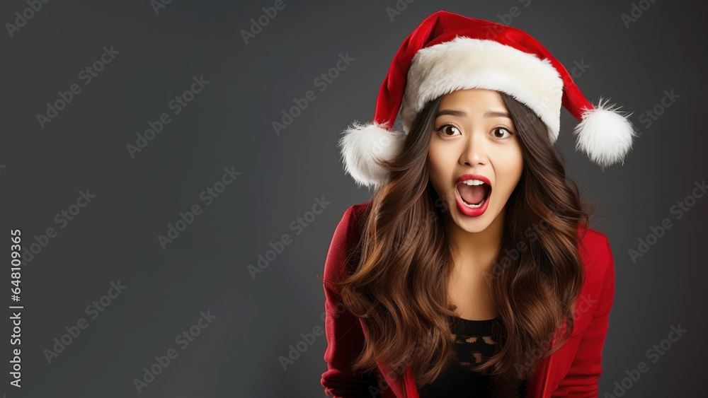 Asian girl surprise face in santa claus red hat, Christmas sale gift Asian girl surprise face in santa claus red hat, Christmas sale gift