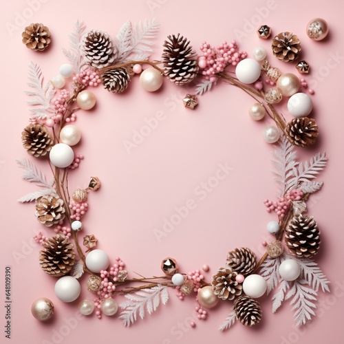 Winter Christmas table layout with New Year decoration on pastel pink background. Minimal nature concept. Flat lay top view composition. Generative AI