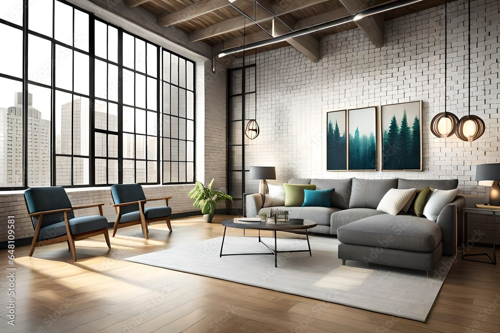 3d rendering interior of cozy living room. Remote working and work from home as an office is a new business trend. Home office is a safe place to work.