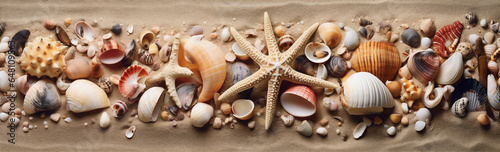 sea banner holiday sand summer beach nature ocean tropical shell. Generative AI.