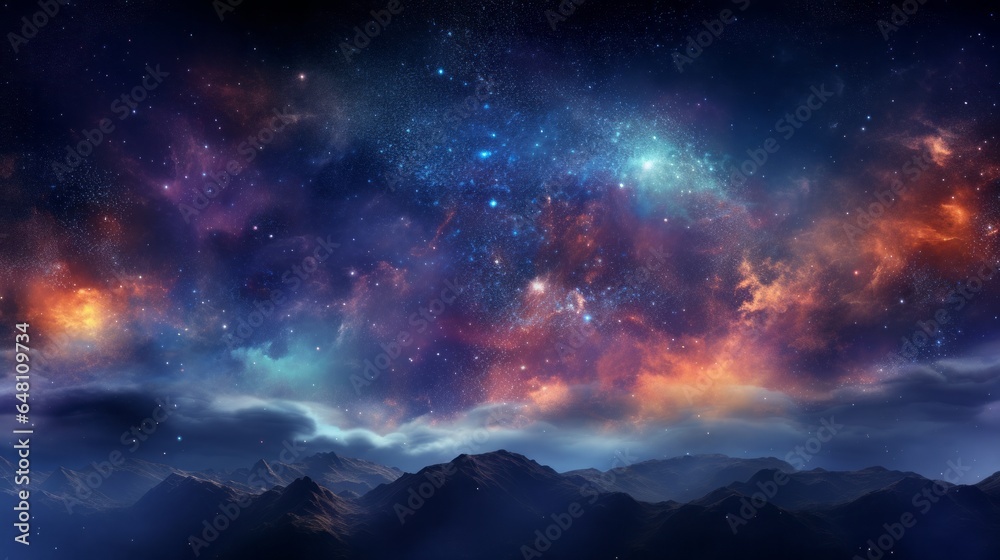Universe filled with stars, nebula and galaxy, background, 16:9, copy space