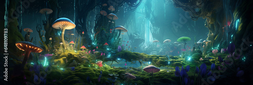Fantasy world panorama banner with a mushroom on another planet with alien plants and forest