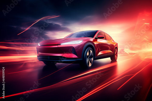 Red Electric Car in Motion, sports car, Electric Vehicle, Motion Car, Colorful © MADNI