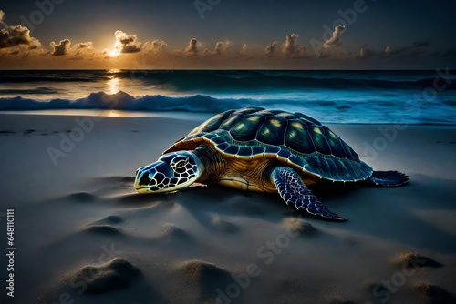 Capture the mystique of a critically endangered sea turtle nesting on a moonlit beach