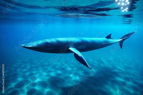 Showcase the ethereal beauty of an endangered blue whale gliding through the ocean depths