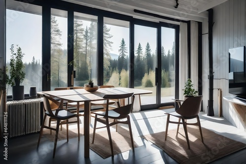 A serene view from the windows of a Scandinavian design house  capturing the simplicity of Scandinavian living with uncluttered spaces and natural materials