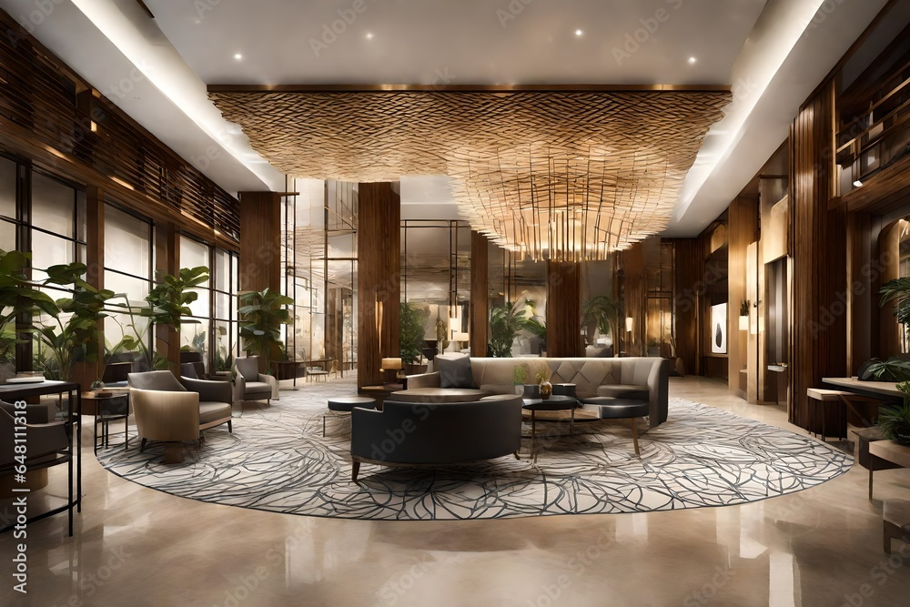 Design a contemporary boutique hotel lobby that blends various design