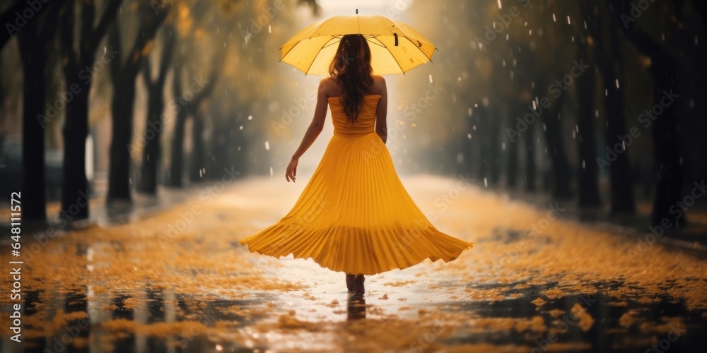 woman walking in the rain with a yellow dress and umbrella in autumn - obrazy, fototapety, plakaty 
