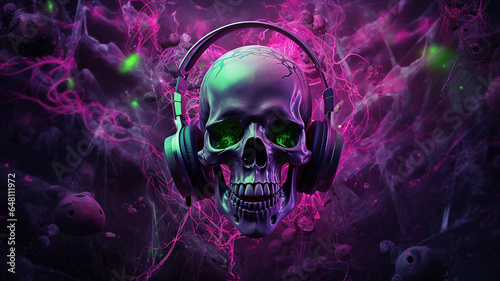  skull and headphones on the dark background photo