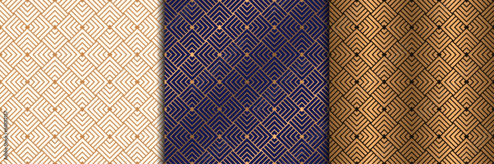 Luxury gold geometric seamless pattern geometric with overlapped square rhombus and striped line ,vector background for card, textile, packaging, branding.