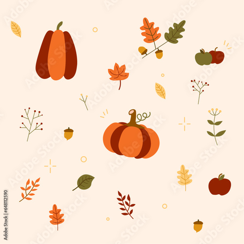 Ensemble vectoriel d'icônes d'automne et d'illustrations d'automne : nature, légumes, citrouille, potiron, fleurs, feuilles qui tombent, feuilles, houx, feuille d'érable, feuille de chêne. photo