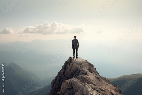 Businessman on top mountain over clouds. Generate Ai photo