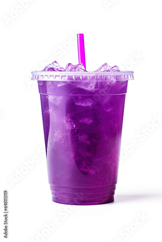 Purple drink in a plastic cup isolated on a white background. Take away drinks concept
