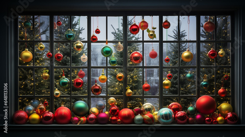 window decorated with New Year's toys. New Year or Christmas concept. ai generative