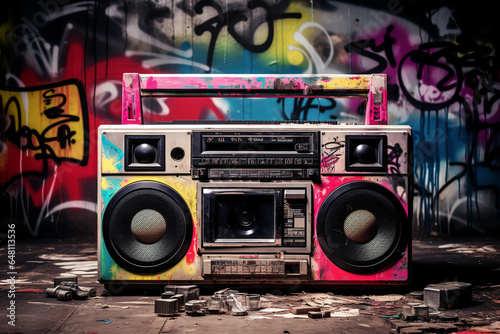 Retro old design ghetto blaster boombox radio cassette tape recorder from 1980s in a grungy graffiti covered room.music blaster.ai generative