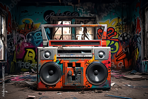 Retro old design ghetto blaster boombox radio cassette tape recorder from 1980s in a grungy graffiti covered room.music blaster.ai generative