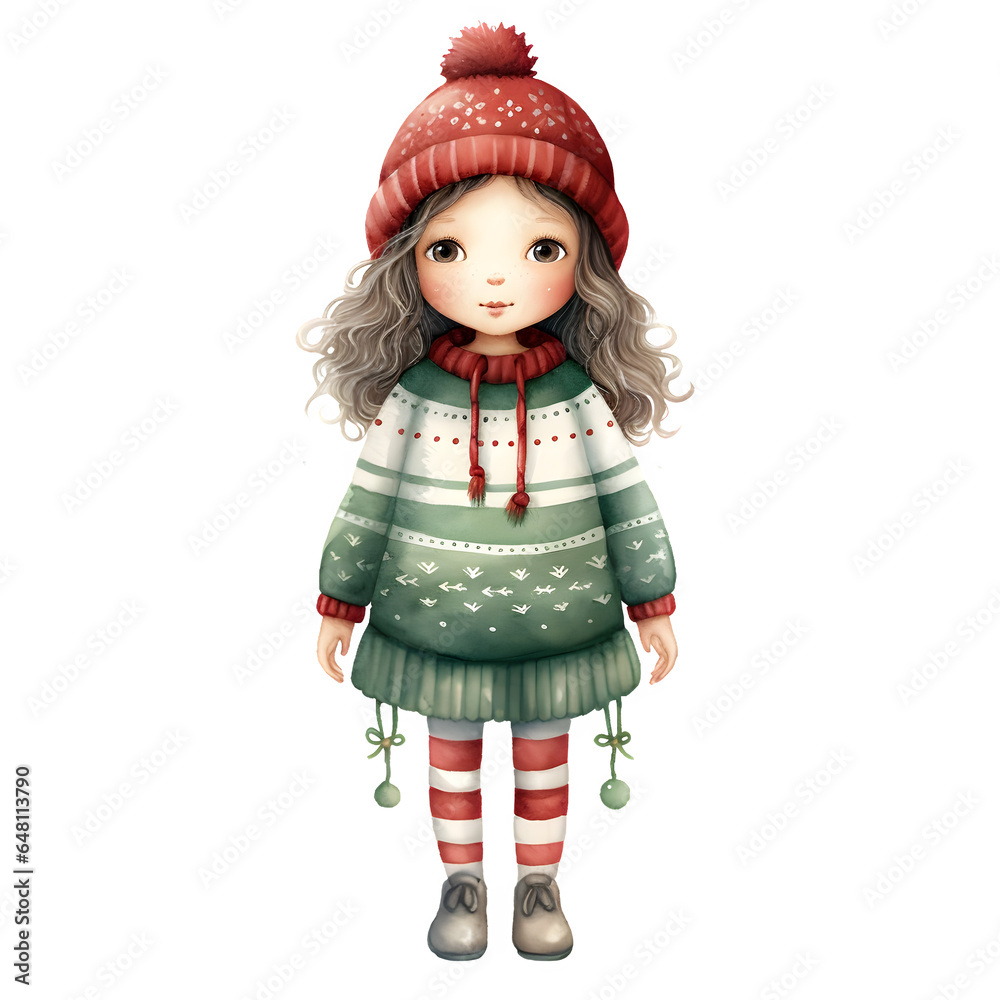 Transparent Background watercolor crocheted Christmas girl. Watercolor Clip Art with a Boho style.