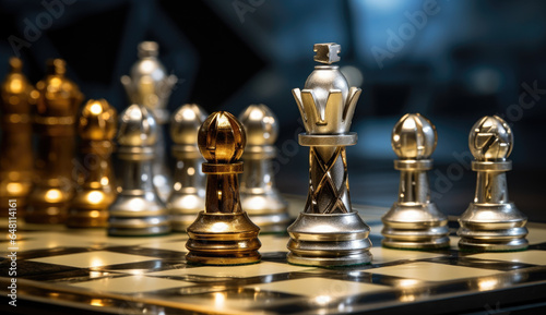 Gold queen is the leader of the chess in the game on board. Business concept. Strategy, Success, management, business planning, disruption and leadership concept