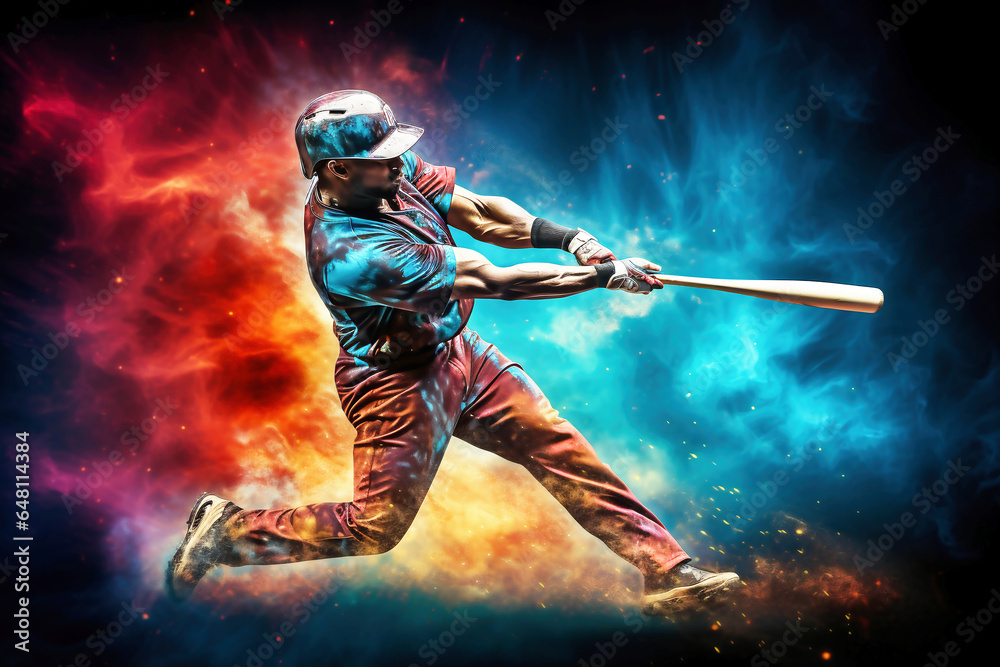 Photo of a baseball player in action, swinging a bat with great power