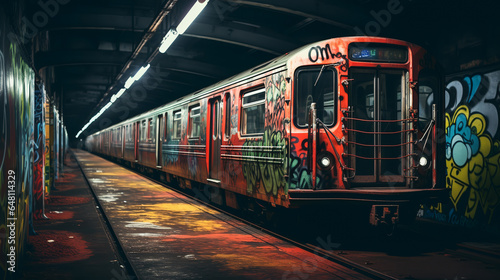 Dark lit underground subway station of 70s-80s in New York with graffiti covering train wagons. Vintage urban culture.ai generative