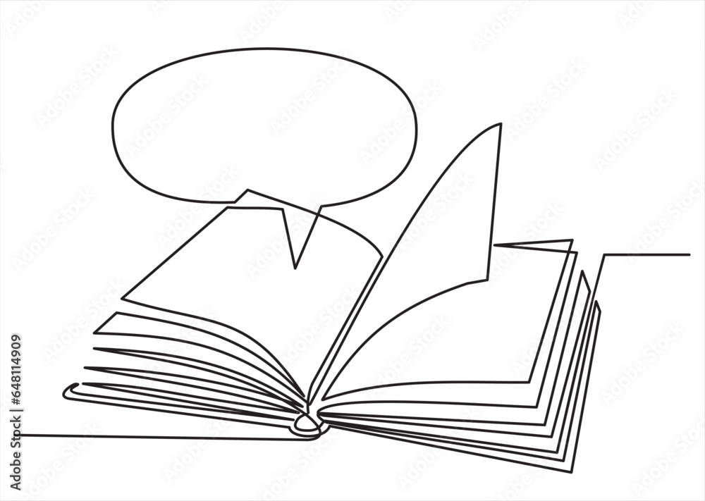 Continuous one line drawing open book with bubble for text. Vector illustration on white background.
