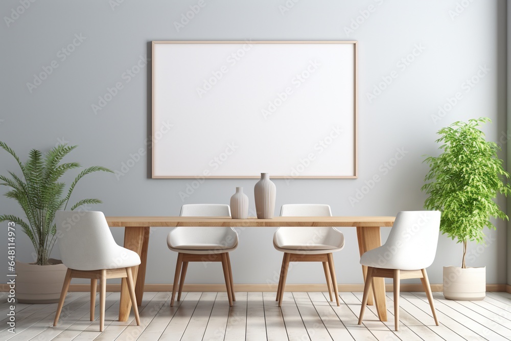 Modern Aesthetic Dining Room Interior Design with Blank Poster Created with Generative AI Modern Aesthetic Dining Room Interior Design with Blank Poster Created with Generative AI