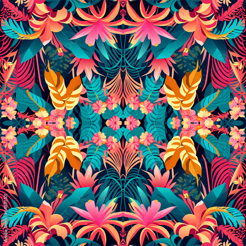 Seamless pattern with tropical flowers and leaves. 