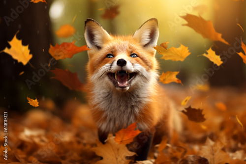 a cute fox runs in leaf fall through autumn leaves a view of wild nature the joy of change, a dynamic scene of flying leaves.ai generative